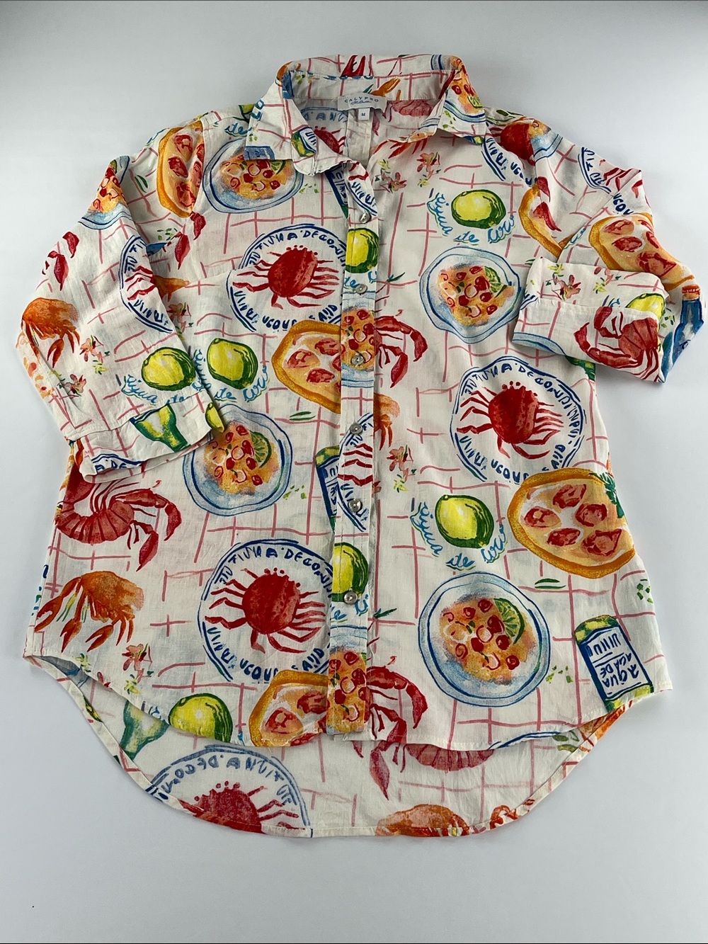 Calypso St Barth Nautical Crab & Citrus Button-Down Shirt - White Multi Sz M
